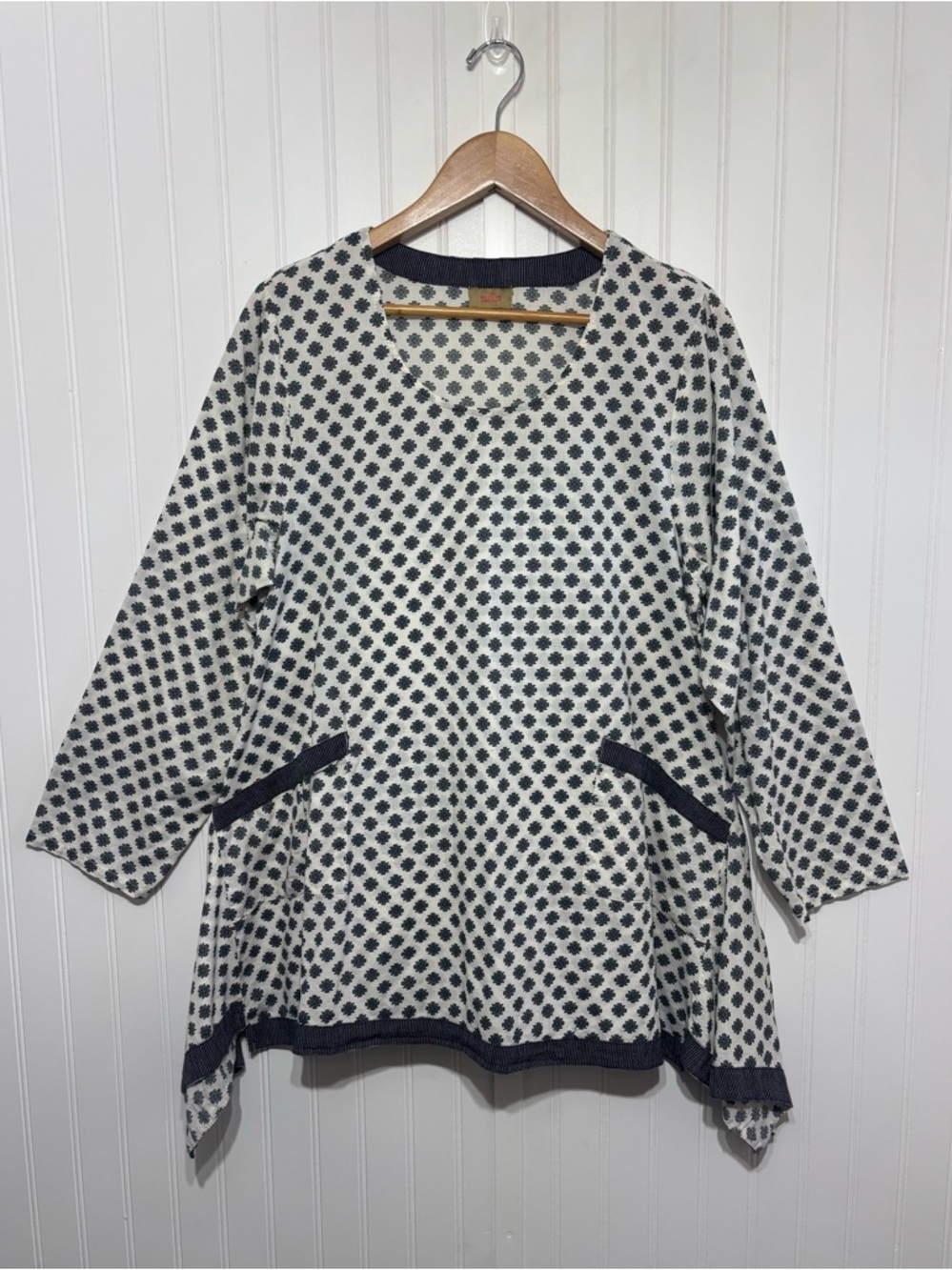Tulip Cotton Printed Tunic Top Blue Gray White Boho Pockets Size M Lagenlook